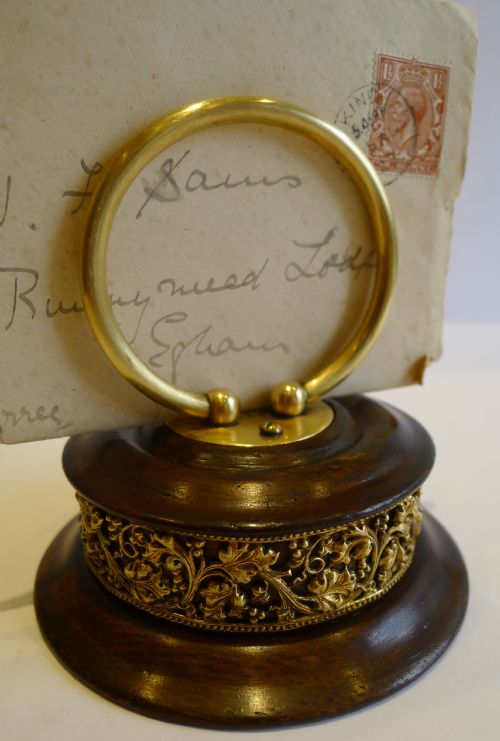 Fabulous Antique English Oak & Brass Note Clip / Letter Holder C.1880