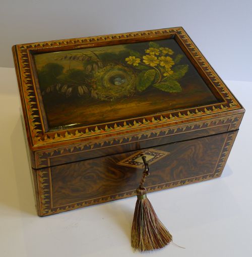 Exquisite Antique English Walnut, Parquetry Inlaid and Hand Painted Jewelry Box C.1860