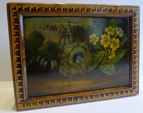 fig 1. Exquisite Antique English Walnut, Parquetry Inlaid and Hand Painted Jewelry Box c.1860