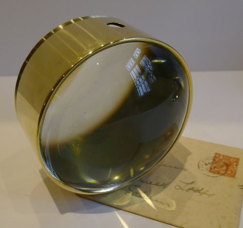 Large English Antique Brass Desk Magnifying Glass / Paperweight C.1910