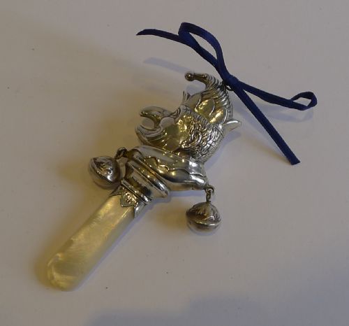 Mr. Punch English Sterling Silver Baby Rattle - Mother of Pearl Handle - 1934