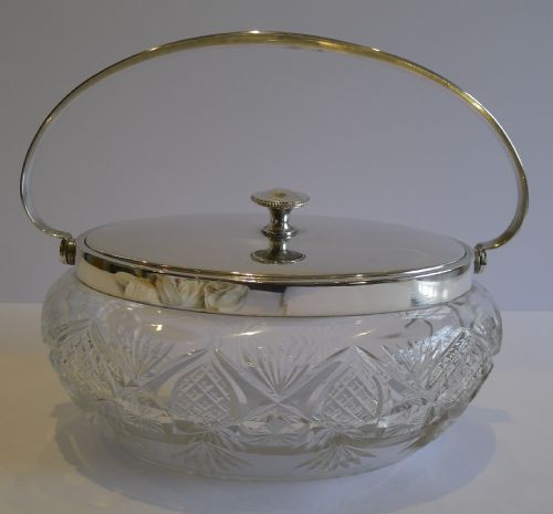 Antique German Wmf and Cut Crystal Biscuit Box - Unusual Oval C.1900