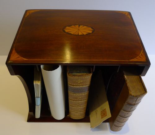 Antique English Fan Inlaid Mahogany Stationery Caddy / Desk Tidy C.1900
