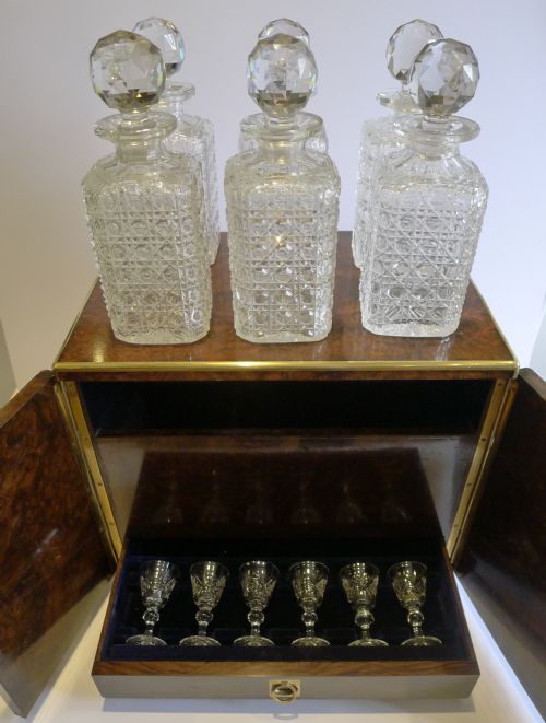 Grand Antique English Burl Walnut & Brass Decanter / Drinks Cabinet C.1880
