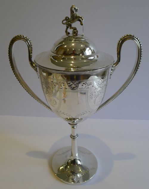 Antique English Silver Plated Trophy / Covered Cup Dated 1893 by Henry Hobson & Sons