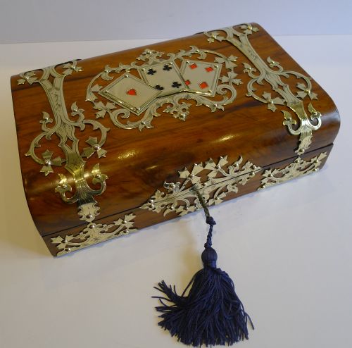 Antique English Brass Bound Walnut Games / Playing Card Box C.1880