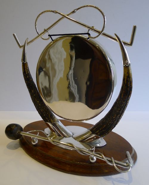 Antique English Equestrian Oak & Silverplate Dinner Gong C.1890/1900