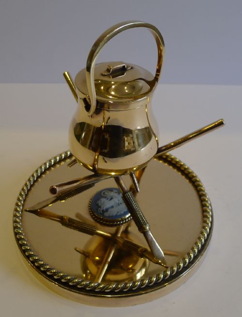 Antique English Polished Bronze Inkwell - Cauldron, Crossed Pens & Wedgwood Plaque C.1860