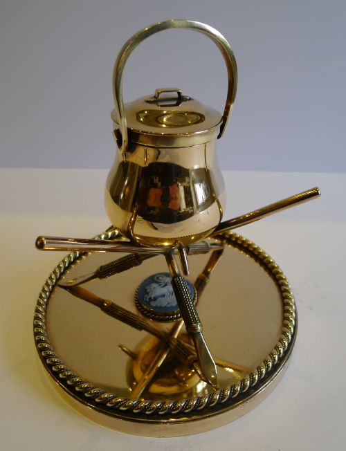fig 1. Antique English Polished Bronze Inkwell - Cauldron, Crossed Pens & Wedgwood Plaque c.1860