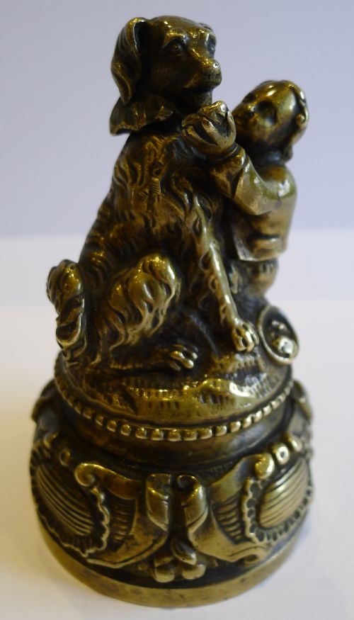 Antique English Novelty Figural Nodding Dog with Child Table Bell C.1880