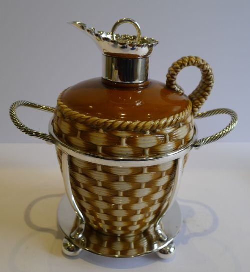 Antique English Stoneware Whiskey Decanter by Taylor, Tunnicliffe & Co. In Silver Plated Caddy C.1888