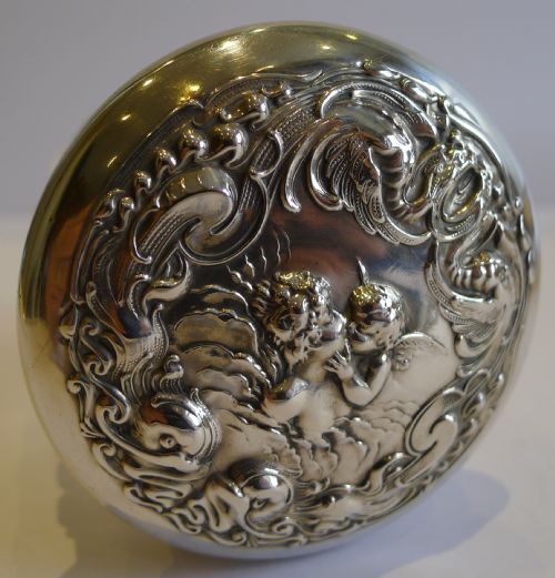 Antique English Cut Crystal & Sterling Silver Art Nouveau Vanity Jar - Cherub - 1904