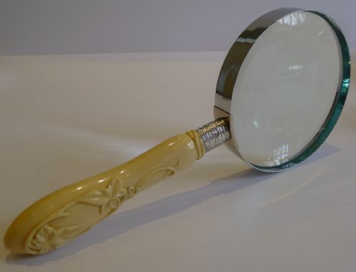 Grand Carved Ivory Handled Magnifying Glass - Sterling Silver Ferrule, 1907.