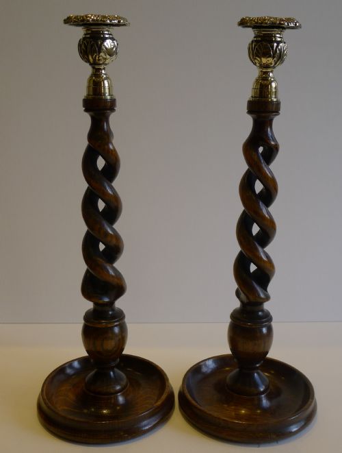 Towering Pair 14" Solid Oak Open Barley Twist Candlesticks - Brass Thistle Tops
