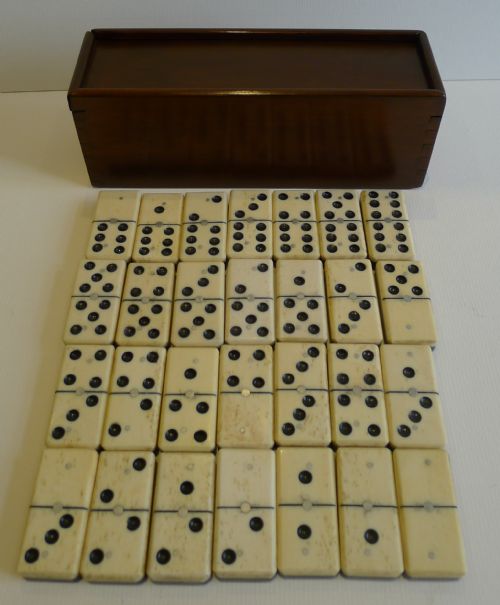 Antique English Boxed Set Bone & Ebony Wood Dominoes C.1890