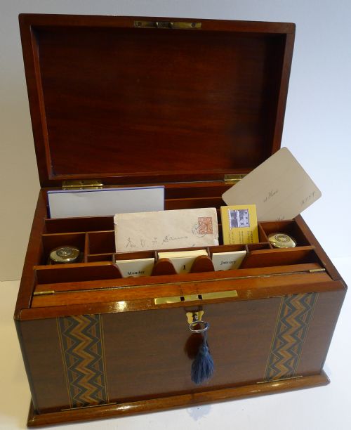 Antique English Walnut & Tunbridge Ware Inlaid Writing Box / Stationery Cabinet C.1880