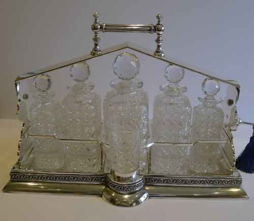 Grandest Antique English Betjemann's Silver Plated Tantalus - Graduated Decanters C.1890