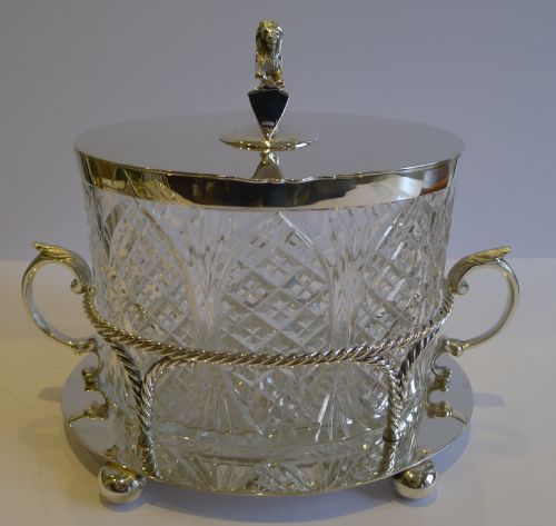 Grand Large Antique English Cut Crystal & Silver Plate Biscuit Box C.1880