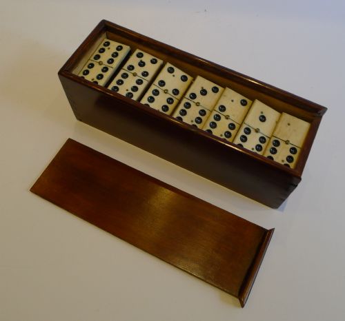 Antique English Boxed Set Bone & Ebony Wood Dominoes C.1890