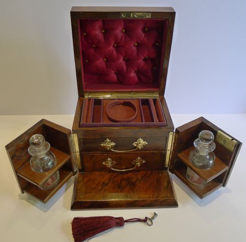 Stunning & Unusual Antique English Walnut Jewelry Box with Perfume Bottles C.1900