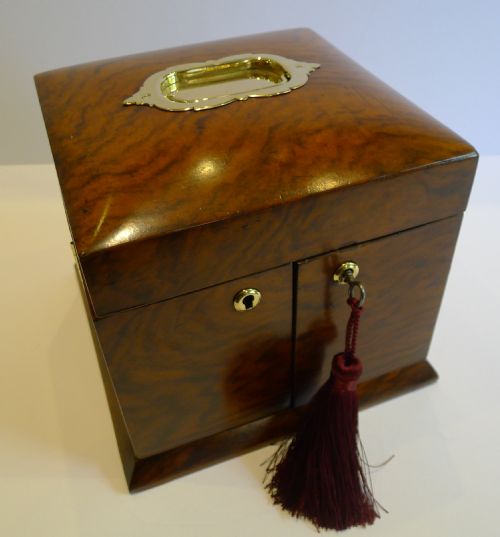 fig 1. Stunning & Unusual Antique English Walnut Jewelry Box With Perfume Bottles c.1900