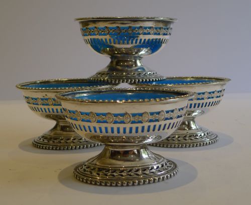 fig 1. Set of Four Antique English Salts in Silverplate With Blue Opaline Glass Liners c.1880