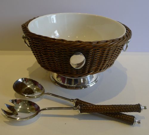 Unusual Antique English Salad Bowl in Wicker & Silverplate C.1885
