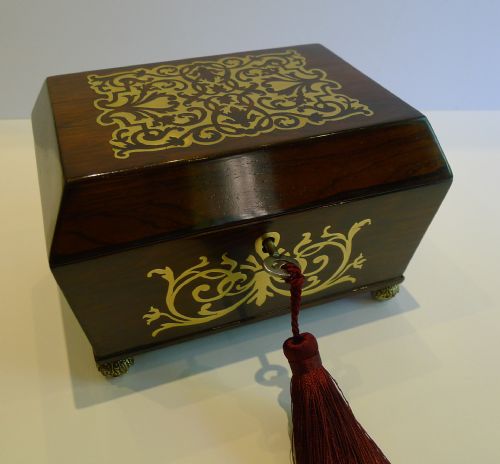 English Regency Foliate Cut Brass Inlaid Rosewood Jewelry or Desk Box C.1820