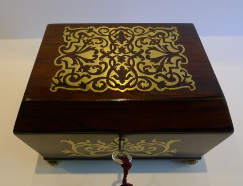 fig 1. English Regency Foliate Cut Brass Inlaid Rosewood Jewelry or Desk Box c.1820