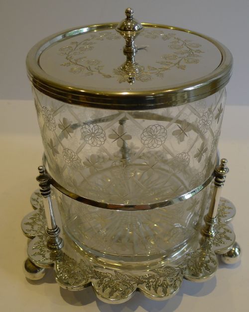 Outstanding Antique English Decorated Glass & Silverplated Biscuit Box C.1880