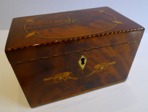 fig 1. Unusual English George III Inlaid Mahogany Tea Caddy - Cannons c.1800