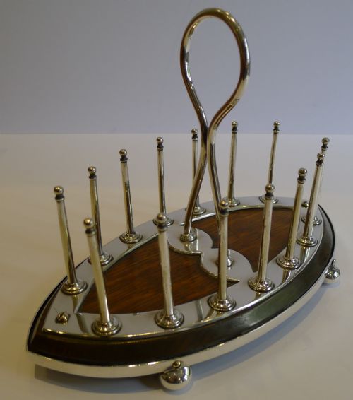 Antique English Solid Oak & Silver Plated Toast Rack or Letter Holder