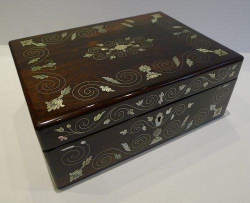 Antique English Jewelry or Table Box - Mother of Pearl Inlaid Rosewood C.1840