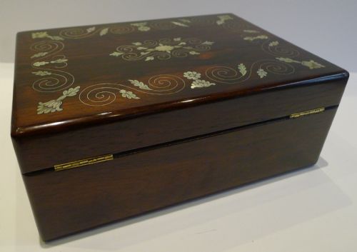 fig 1. Antique English Jewelry or Table Box - Mother of Pearl Inlaid Rosewood c.1840
