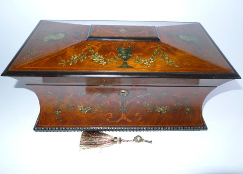Magnificent Antique English Painted Mahogany Tea Caddy - Regency C.1820