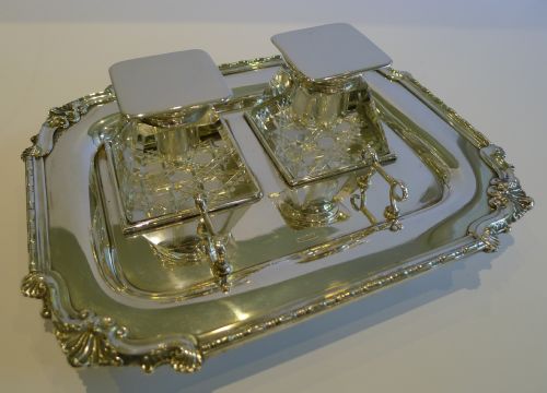 Handsome Antique English Inkstand in Silverplate & Cut Crystal C.1900