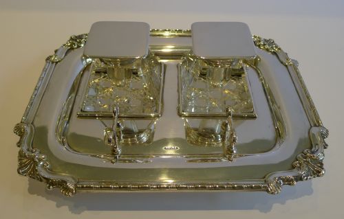 fig 1. Handsome Antique English Inkstand in Silverplate & Cut Crystal c.1900