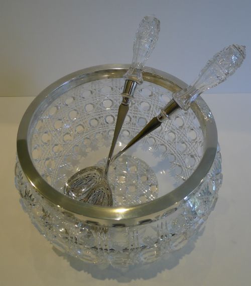 Grand Large Antique English Cut Crystal & Silver Plate Salad Bowl with Original Servers C.1895