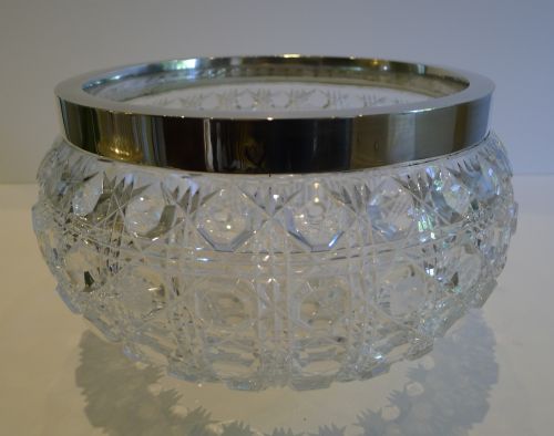 fig 1. Grand Large Antique English Cut Crystal & Silver Plate Salad Bowl With Original Servers c.1895