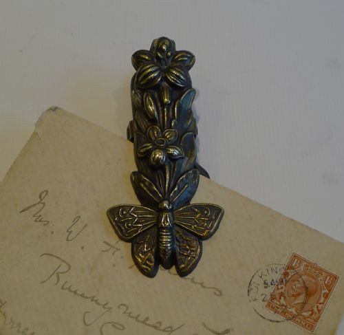 Fabulous Antique English Brass Letter or Note Clip C.1880 - Butterfly & Flowers