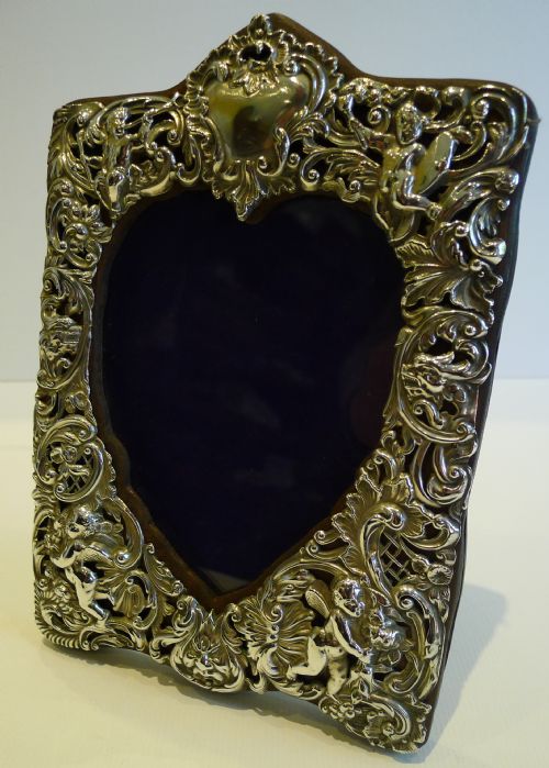 Antique Sterling Silver Heart Photograph Frame - Art Nouveau & Cherubs by William Comyns - 1899