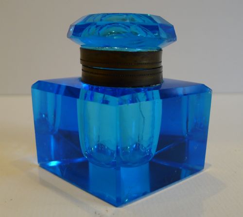 Antique English Peacock Blue Inkwell C.1890