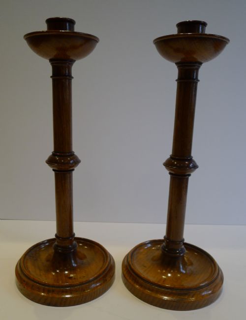 Handsome and Unusual Antique English Solid Oak Candlesticks C.1900