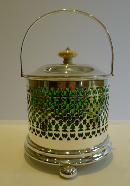 Antique English Silverplated Biscuit Box C.1880 - Original Emerald Green Glass Liner