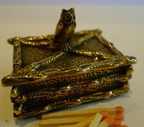 Charming Antique English Figural Table Vesta in Brass - Owl with Glass Eyes, C.1880