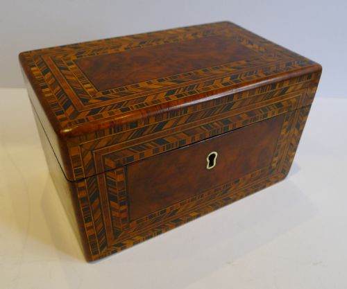 Antique English Burl Walnut and Tunbridge Inlaid Tea Caddy C.1860