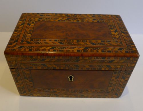 fig 1. Antique English Burl Walnut and Tunbridge Inlaid Tea Caddy c.1860