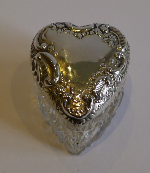 Small Antique Cut Crystal Heart Shaped Box - Sterling Silver Lid - 1899