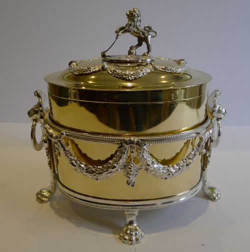 Grandest Antique English Biscuit Box by Atkin Brothers C.1880 - Silver & Gold Plate.