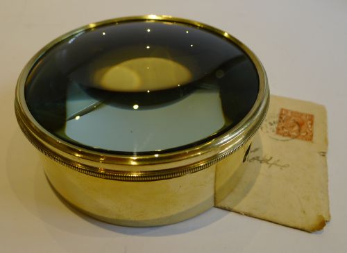 Large English Antique Brass Desk Magnifying Glass / Paperweight C.1910